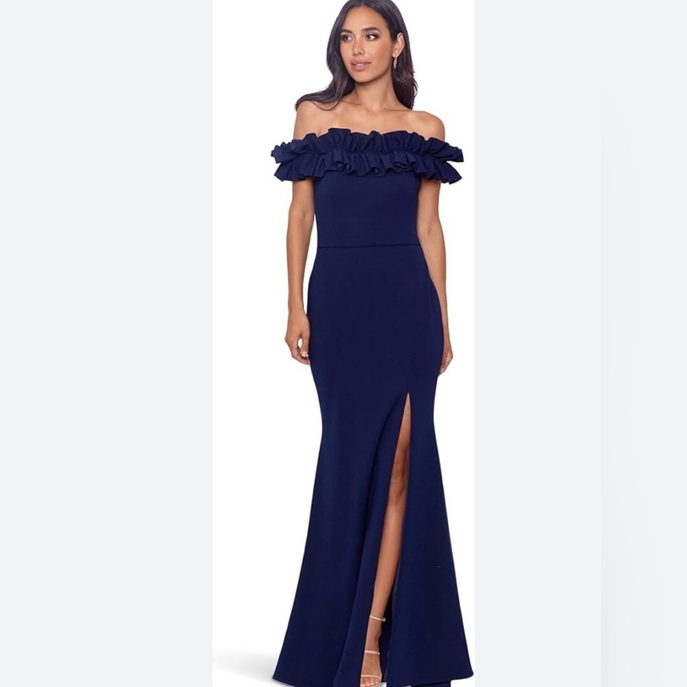 Xscape Women's Long Crepe‎ Over-The-Shoulder Ruffle Gown Navy size 14 NWT